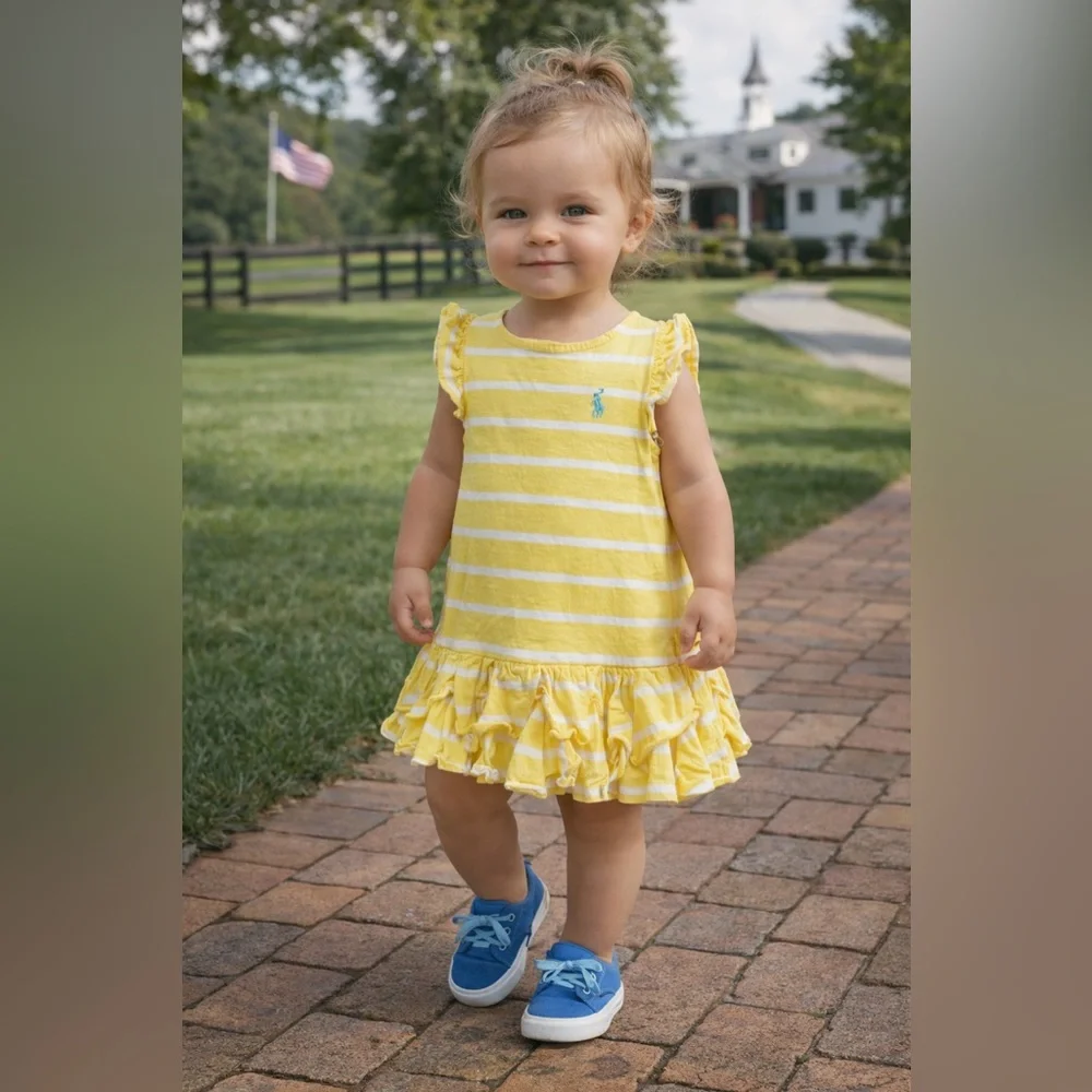 Ralph Lauren Yellow Striped Ruffle Dress | Size 18M